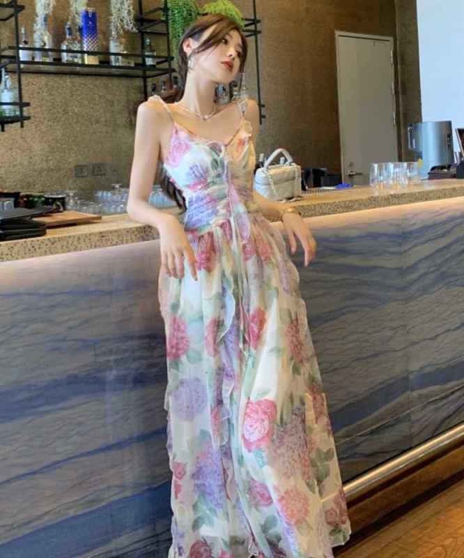 夏 ファッション 中国風 おしゃれ 海辺 ビーチ ドレス フランス ロマンチック 優しい フリル プリント 花柄 Vネック ドレス