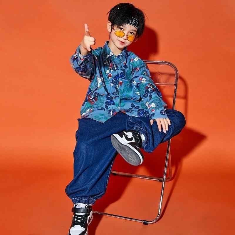 ダンス衣装 セットアップ 花柄シャツ 襟 デニム ジーンズ ヒップホップ ジャズダンス ワイドフィット 秋 キッズ 女の子 ボーイズ ストリート 練習着
