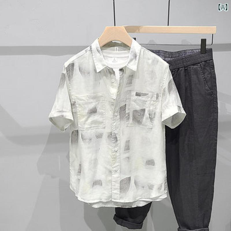 メンズ 夏 カジュアル トップス シャツ サマー リネン プリント マルチ ポケット 半袖 薄手 通気性