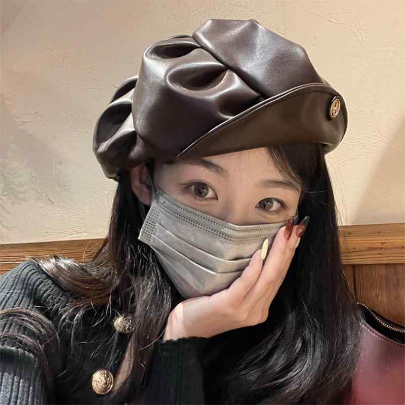 帽子 春秋 レディース 韓国 プリーツ レザー黒 ベレー帽 帽子 デザイナー レトロ ...