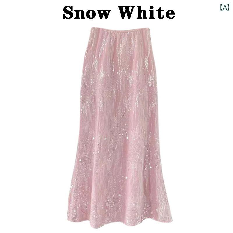 レディース 夏 レトロ ヘビー スパンコール ピンク ビーズ スパークリング スカート スリムに