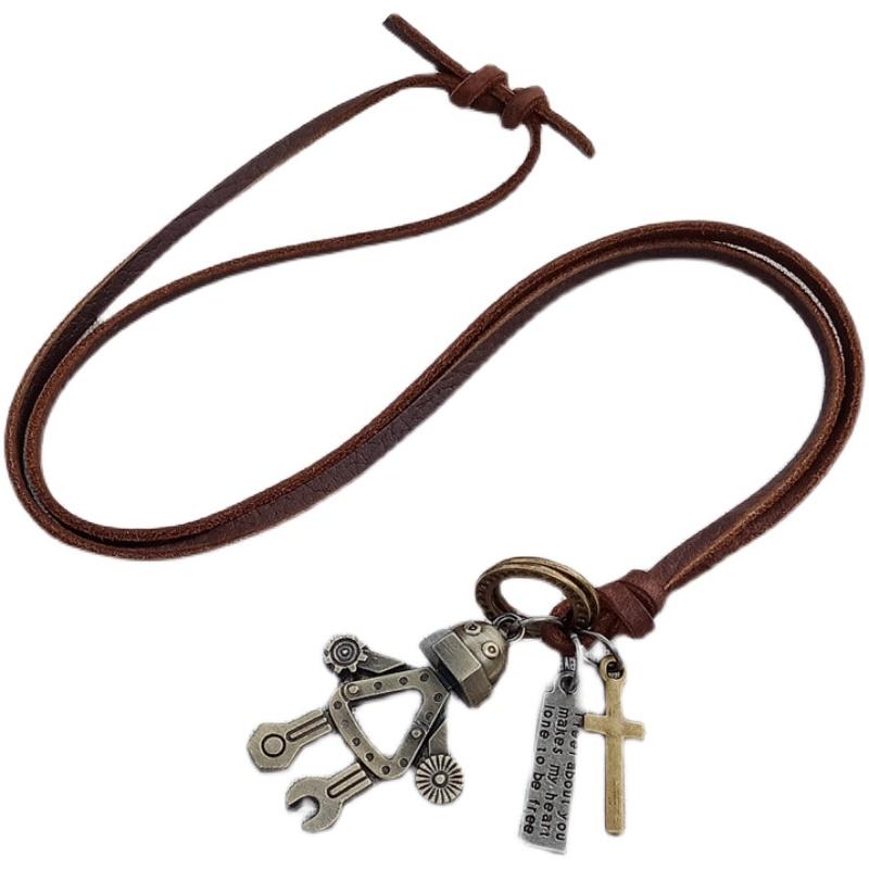 ネックレス レトロ ロボット 合金 ロング スター ペンダント 牛革 ロープ メンズ セーター チェーン エスニック アクセサリー