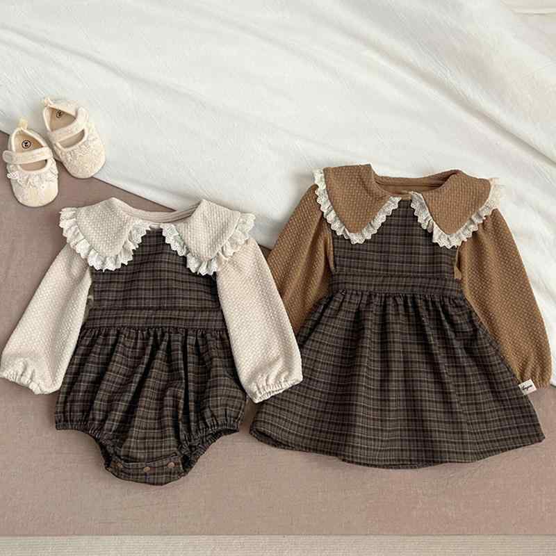 ベビー キッズ チェック かわいい 春 韓国 幼児 レース襟 カーキ スカート ガール 赤ちゃん 姉妹 北欧 ..