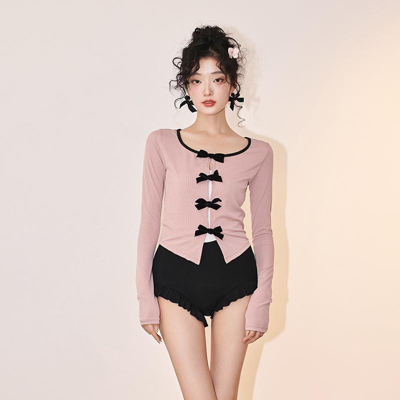 水着 レディース プール 温泉 海水浴 夏 夏 バックレス ピンク グレー カジュアル 長袖 三角 ワンピース(4.0)