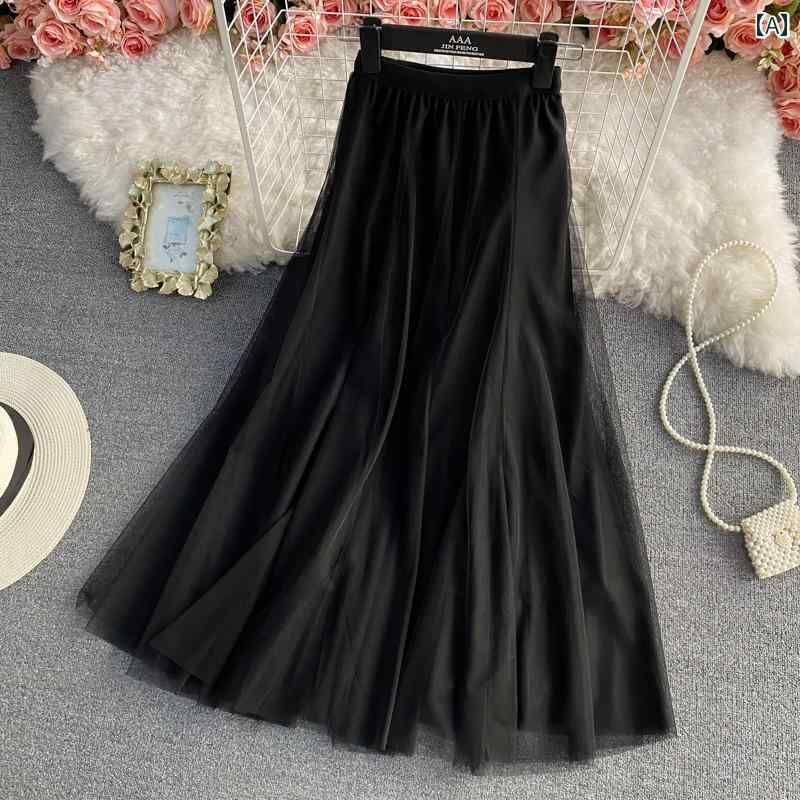 レディース 夏 用 ウエスト ゴム メッシュ スカート ハイウエスト 着痩せ ミドル丈 膝上 パフ フェアリー ガーゼ a ライン