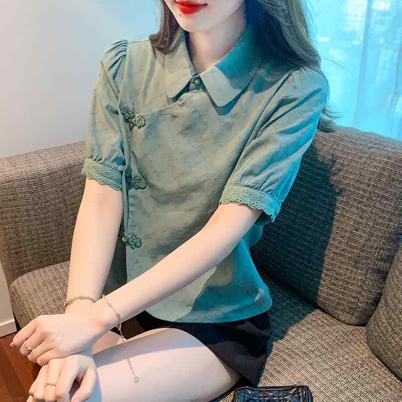 Other - シャツ トップス レディース ブラウス 夏 大人 かわいい 爽か 中華風 ボタン ダウン 半袖 女性 パフスリーブ シック