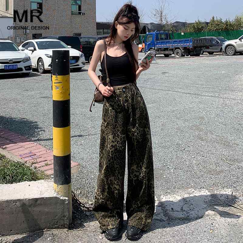 Straight Jeans - パンツ デニムパンツ レディース アメリカン レトロ ヒョウ柄 ワイド レッグ ジーンズ 女性 春夏 ヒップ ホップ ストリート ダンス ストレート レッグ