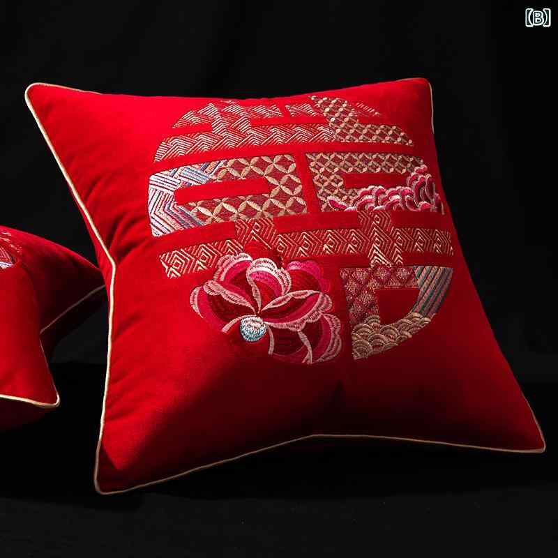 中国 結婚式 枕 リビングルーム ソファ 赤 刺繍 幸せ言葉 ペア 枕 クッションカバー ブライダル ピロー ブライダル 3