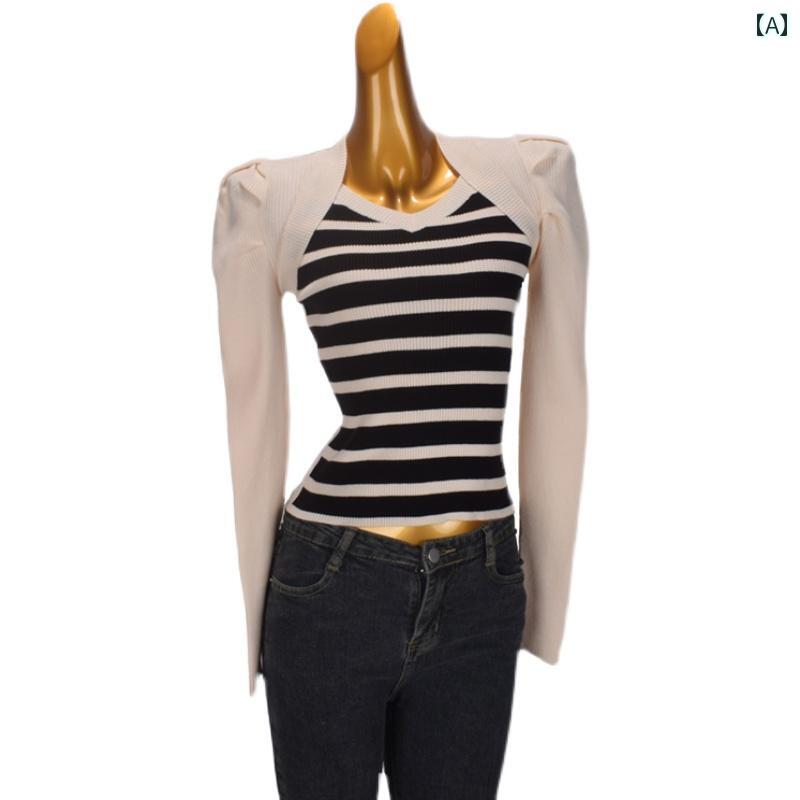 レディース ファッション フェイク ツーピース プルオーバー 長袖 セーター 春秋 コントラスト スクエアネック スリム ショート 重ね着 トップス