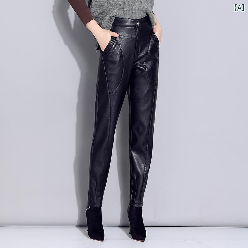 Other - レザー パンツ 韓国 ハイウエスト 九分丈 厚手 PU ロングボトムス ポケット クール ファッション ブラック キュロット 革 レディース 大人 スタイリッシュ