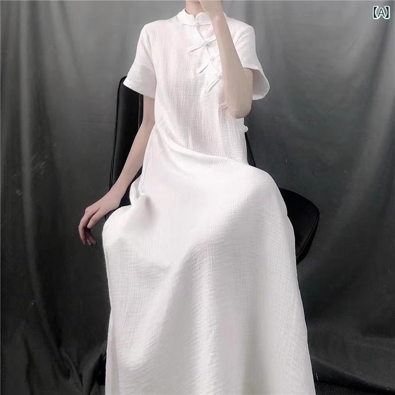 レディース チャイニーズ ワンピース おしゃれ 上品 婦人服 中華風 白 チャイナ ドレス 半袖 立ち襟 スリム 綿麻