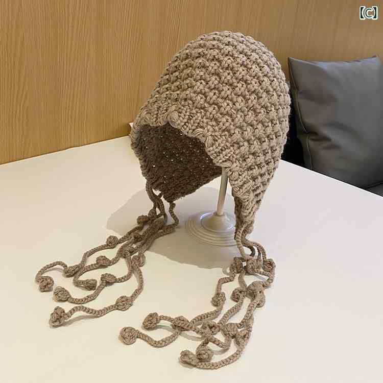 帽子 レディース 秋冬 ファッション エレガント タッセル かぎ針編み プルオーバー カジュアル レトロ ストラップ 耳保護 ウール