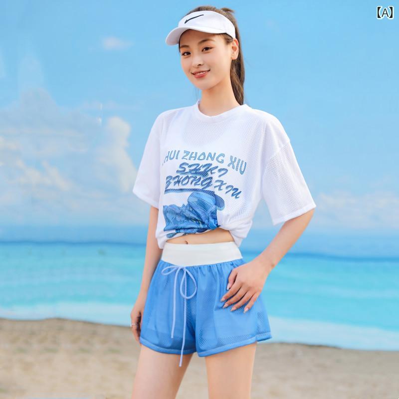 樂天商城 - 水着 レディース ラウンドネック カバーアップ水着 3点セット ビーチ 学生 温泉 胸パット有り ワイヤー無し レディース シンプル