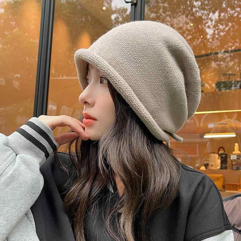 秋 冬 ニット 帽 韓国 カール シンプル 耳保護 暖かい 巾着 トゥ キャップ 女性 無地 パイル 帽子