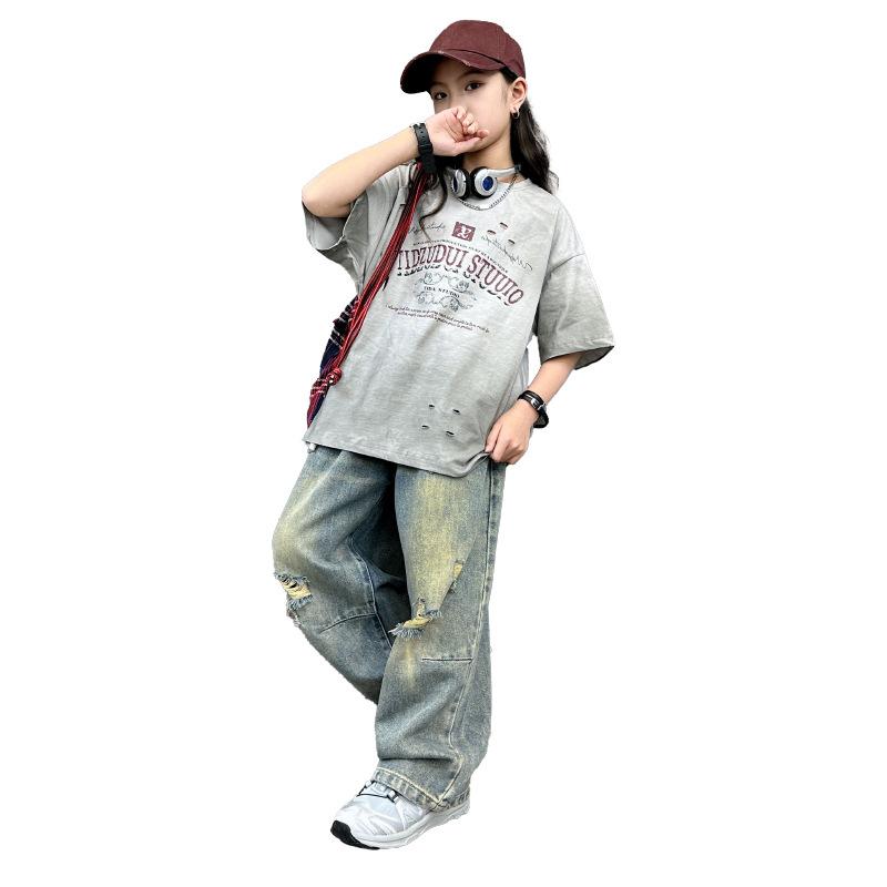 女の子 キッズ 子供服 セットアップ レトロ ヴィンテージ風ライク 韓国 クール ストリート スケボー ダンス ヒップホップ ダメージ加工 半袖 カジュアル ジーンズ 古着