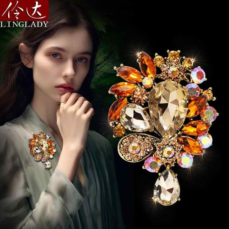 ブローチ セレモニー おしゃれ シャンパンゴールド フェイク ウォータードロップ コサージュ ペンダント セカンド 欧米 レトロ 大ピン レディース ファッション アクセサリー 装飾品