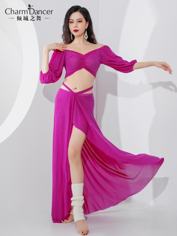 パフスリーブ フレンチ ダンス アリュールダンス ベリーダンス パール パフォーマンス ロングスカート 舞台 ステージ衣装 ドレス シースルー 透け感 スリット レディース