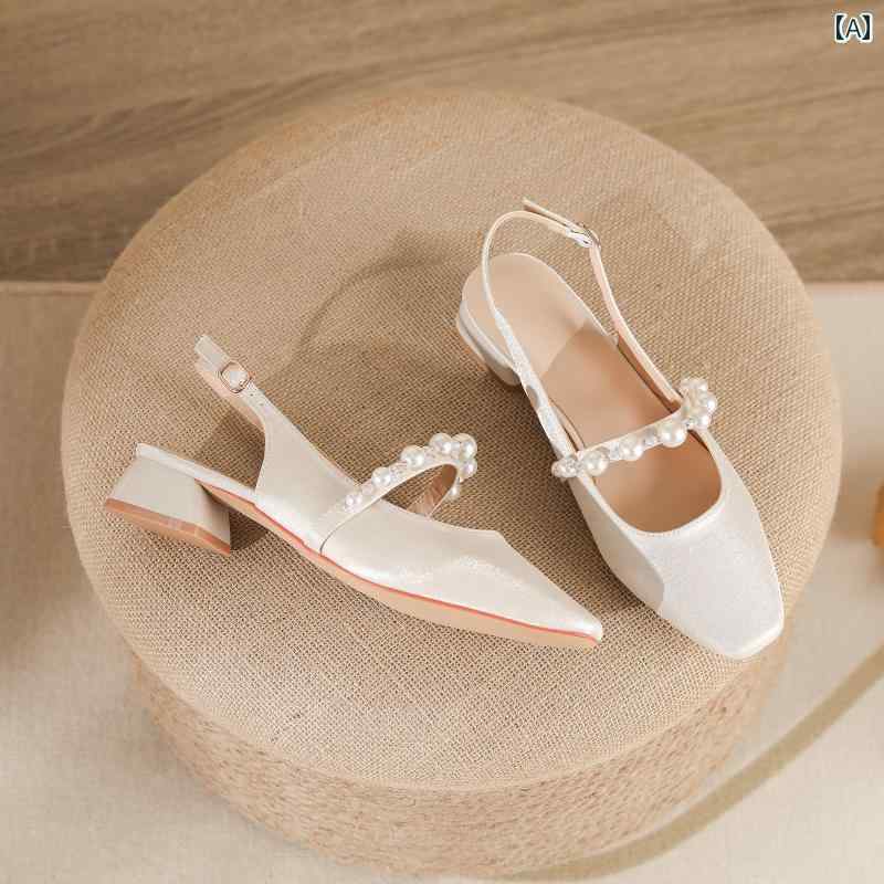 レディース 夏 ミュール サンダル おしゃれ パーティー フォーマル 厚手 ヒール 包頭 女性 フレンチ ストラップ メリージェーン 靴 パール フェアリー スタイル バック