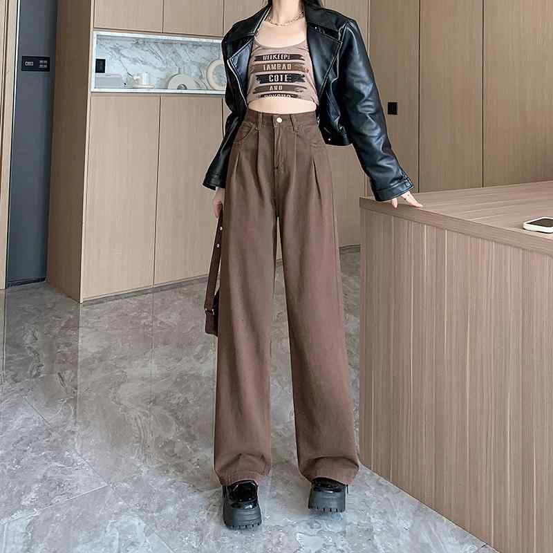 Straight Jeans - ジーンズ デニムパンツ カジュアル レディース 春 アメリカン レトロ コーヒーカラー ドレープ ワイドレッグ ハイウエスト スリム ストレート パンツ ウォッシュ加工