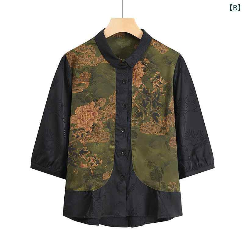 婦人服 レディース シニア ファッション 春夏 シャツ 七分袖 ゆったり カジュアル トップス プリント ラウンドネック ゆったりタイプ シングルブレスト 薄手 大きめサイズ カジュアル secure-depo-10336113 セキュアデポ サンプル画像2