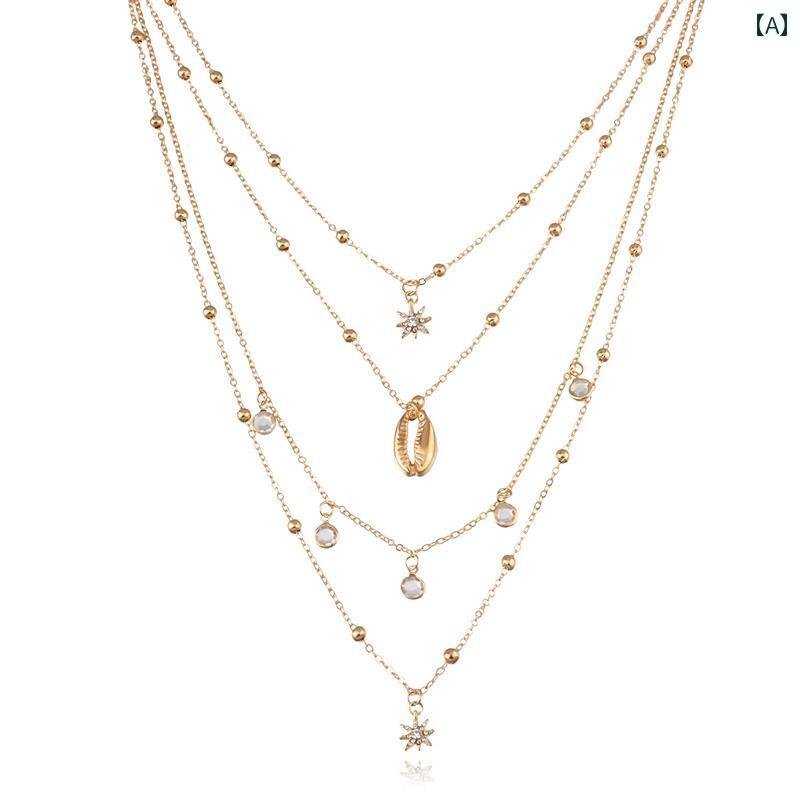 レディース ラインストーン ネックレス アクセサリー エスニック リゾート ビーチ 水着 海水浴 ビキニ アクセ 女性用 アメリカン ジュエリー 六芒星 ペンダント 多層 ヒップ ホップ レトロ シェル