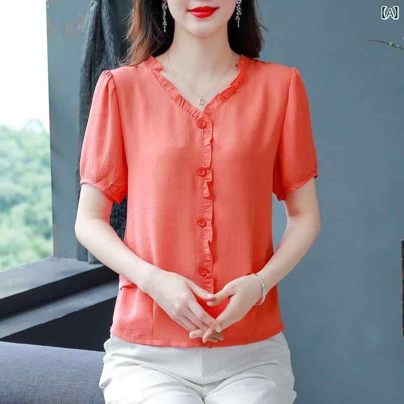 Short Sleeves - シャツ ブラウス シフォンシャツ 半袖 夏 マザーズ アーバン ノーブル スタイリッシュ ショッピング オフィス 学校行事 快適コーデ レディース