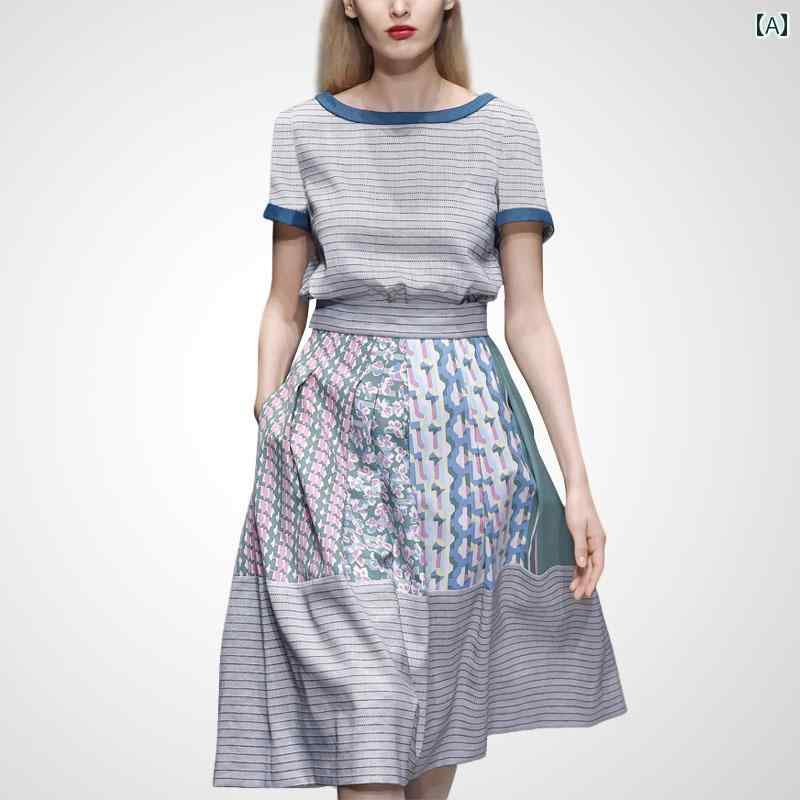 レディース ファッション セットアップ ラウンドネック スーツ 夏 ストライプ 半袖 トップス カラフル スカート 2点セット