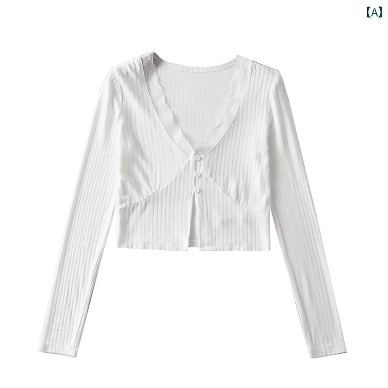 トップス レディース ファッション 春 レトロ シングルブレスト Vネック レース トリム カーディガン スリミング ショート ボトム