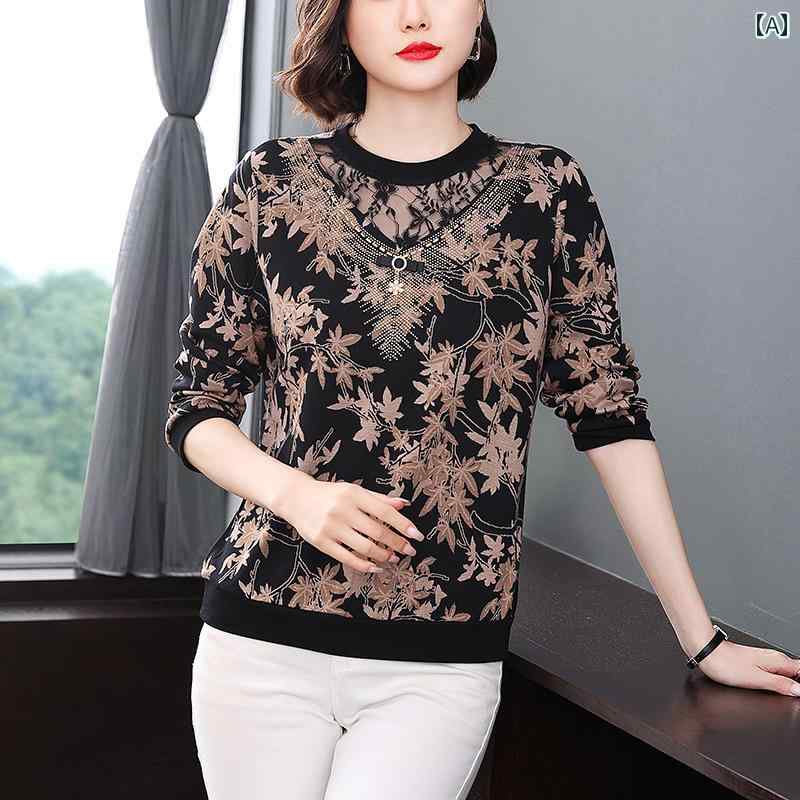 レディース カジュアル シャツ トップス 快適 普段着 マザーズ 秋服 女性 ゆったり T 秋冬 レース ステッチ レイヤリング