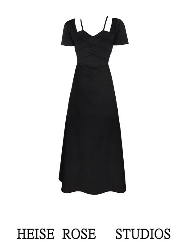 レディース 夏 サマー ワンピース 大人かわいい フレンチ ブラック ホルターネック スカート 女性 ウエスト スリム a ライン ドレス