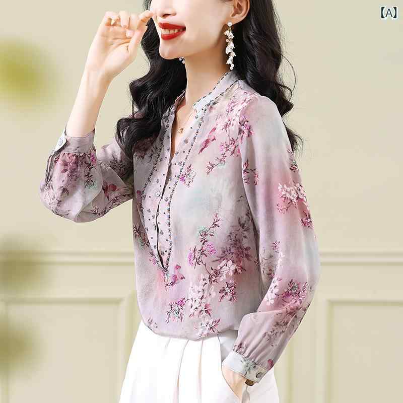トップス ブラウス レディース グラデーション 秋 花柄 ライト 豪華感 サクラ風 ビーズ シャツ パール レディース フェミニン おしゃれ