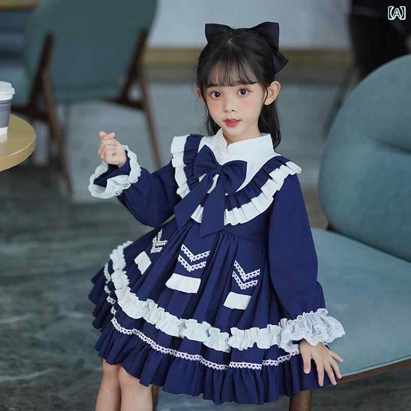 ドレス ロリータ 女の子 ガーリー プリンセス お姫様 ミニ ドレス 春秋冬 子供 キッズ プリーツ フレア ボリューム スカート レース ふりふり リボン 発表会 お嬢様 気品