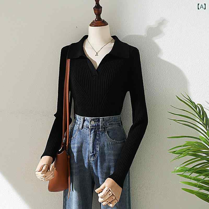 レディース 春秋冬 ポロ カラー セーター ボトム シャツ V ネック ショート スタイリッシュ 長袖 トップス