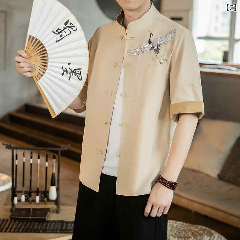 メンズ チャイナ風 夏 刺繍 綿 リネン 半袖 シャツ レトロ 唐 スーツ 大きめサイズ リネン 五分袖 シャツ 薄手 ゆったり
