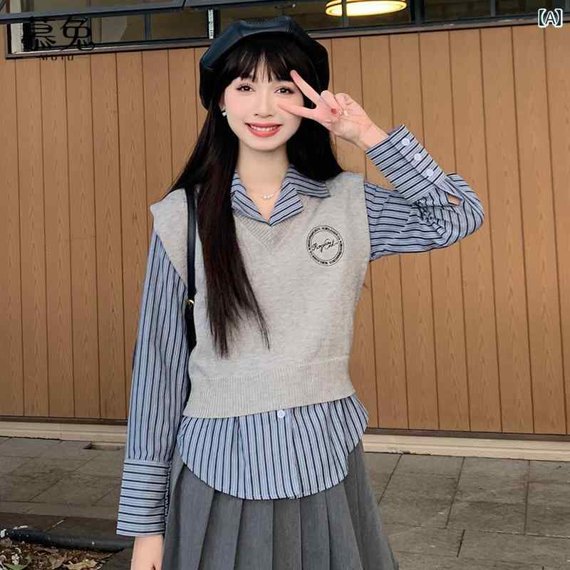 レディース ファッション ニット ベスト ストライプシャツ ツーピース セット 女性 春 カレッジ スタック トップス スーツ