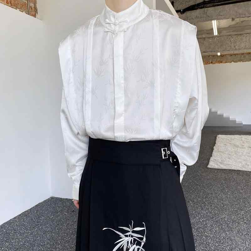 シャツ メンズ カジュアル 長袖 トップス おしゃれ 中華風 サテン スタンドカラー プレート ボタン 中..