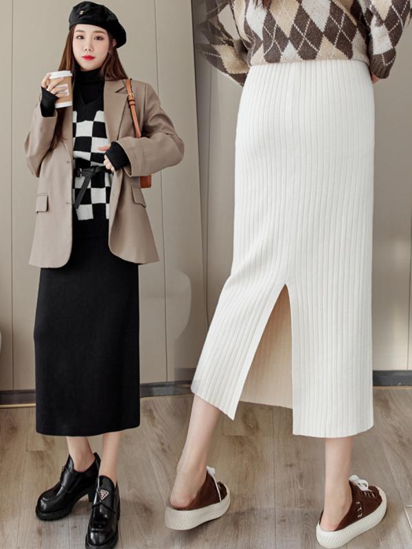 スカート レディース 秋 冬 カジュアル ニット ウール ワン ステップ バック スリット ストレート ヒップ