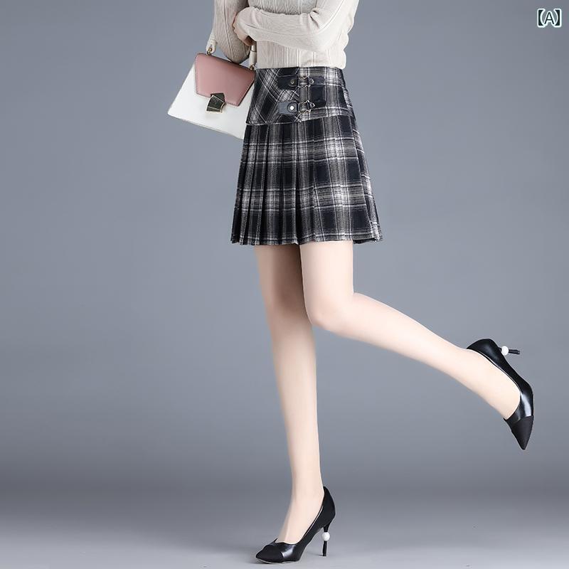 レディース スカート ハイウエスト プリーツスカート チェック ミニスカート 春秋 大きめサイズ シンプル カジュアル レジャー 通学 休日 快適コーデ 婦人服