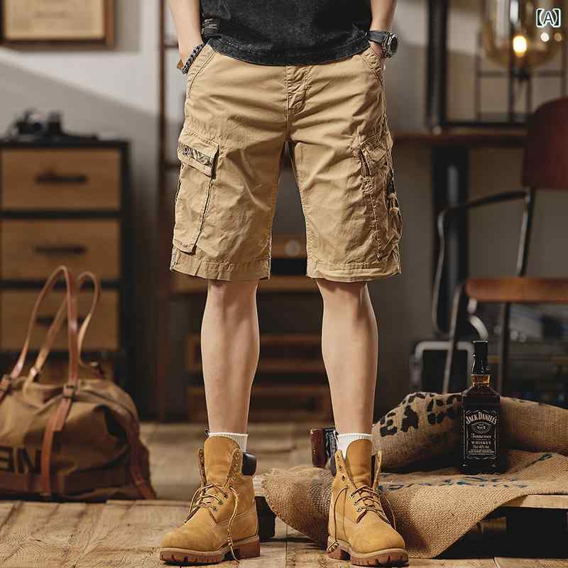 工装短裤 - メンズ 夏 カジュアル パンツ ハーフ ショート アメリカン ヘビーウェイト レトロ 五分丈 カーゴ 作業ズボン アウトドア ミッド