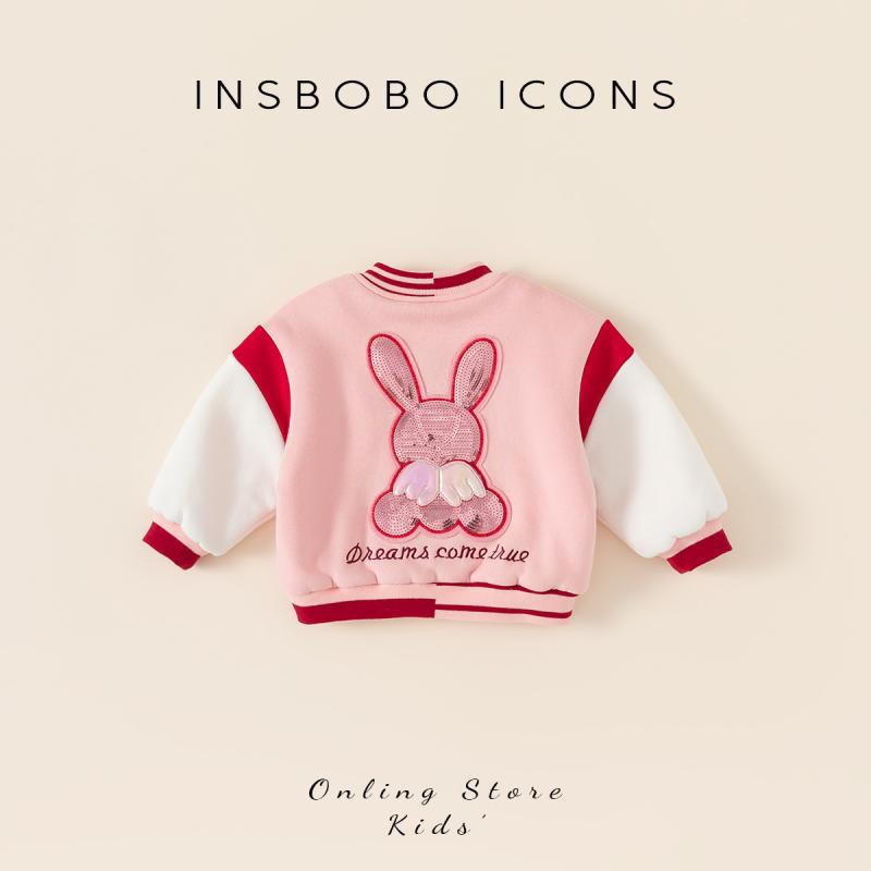 子供 女の子 ジャンバー ショート丈コート アウター 秋冬 ベビー キッズ 1歳5歳 スタンドカラー 起毛仕立 前開きボタン 女の子 バックプリント うさぎ ラビット 綿混紡ポリエステル ピンク かわいい レジャー 外出 ユニフォーム 厚手