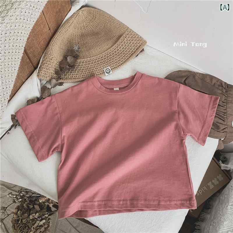 トップス 子供服 キャンディーカラー 韓国 子供用 コットン ラウンドネック 半袖 Tシャツ 男の子 ガールズ用 夏用 オフショルダー ウエスタン