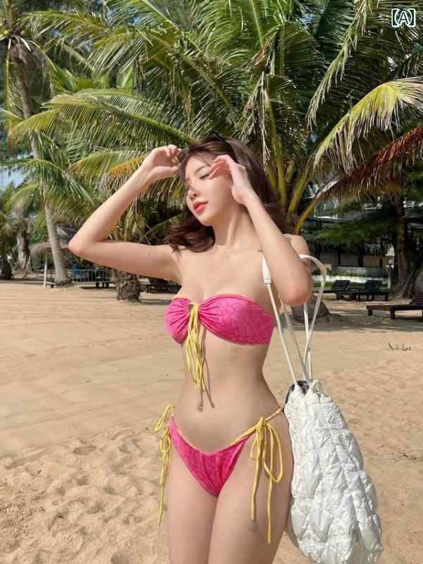 レディース 夏 ビキニ セクシー おしゃれ 水着 ビーチ プール 海水浴 女性 タイ スタイリッシュ ガール ピンク イエロー ブルー 配色 プリント 両面 チューブ トップ アイランド 温泉