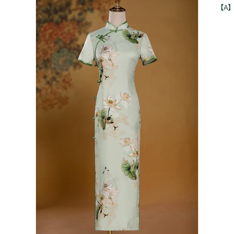 China Dress - レディース 夏 チャイナ ドレス エレガント ワンピース 撮影 衣装 上品 洗練 母 ハイエンド レトロ 民族風 古風 ロング デイリー 女性