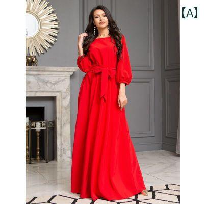 レディース 夏 エスニック ドレス ワンピース シンプル ソリッドカラーラウンドネック ベルト ランタン..