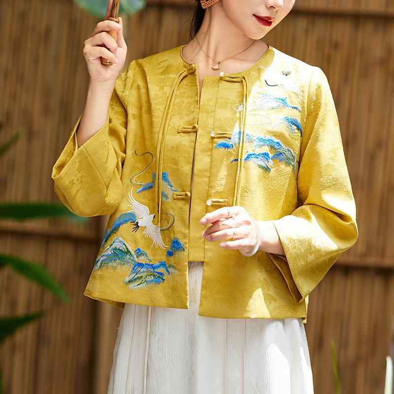 ジャケット 中華風 漢服 ダブルブレスト ボタン レトロ 民族風 刺繍 唐装 トップス 中華風 女性 茶 スーツ