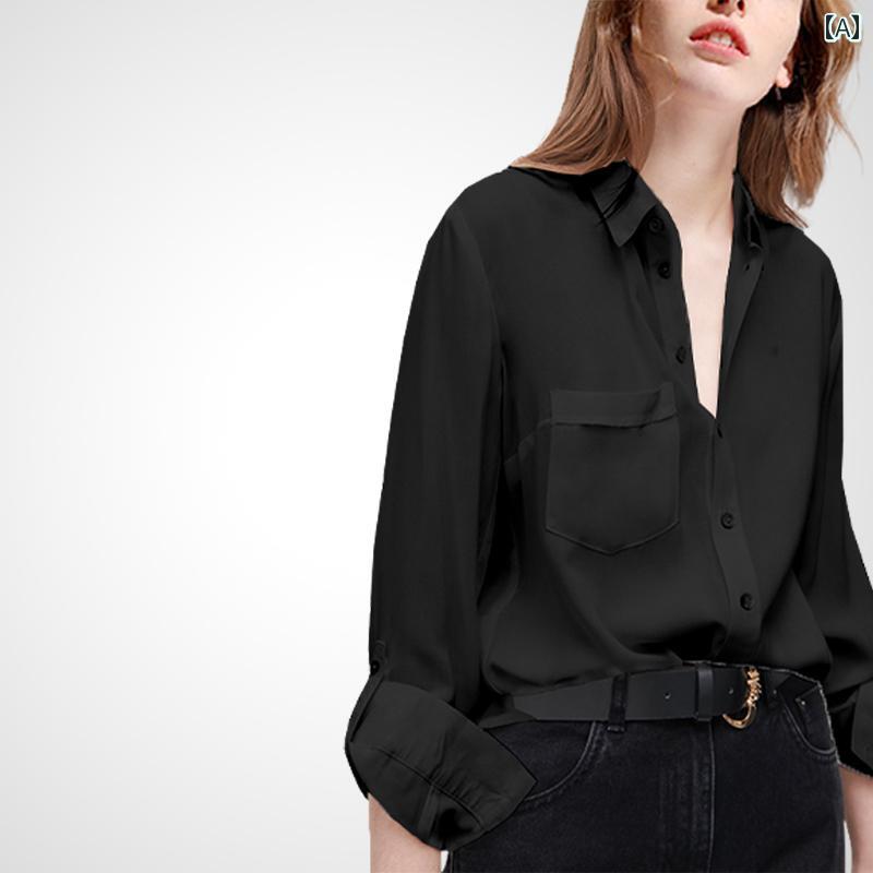 ブラウス レディース ファッション トップス シャツ エレガント 黒 カジュアル 大きめサイズ トップ スリム ポロ襟