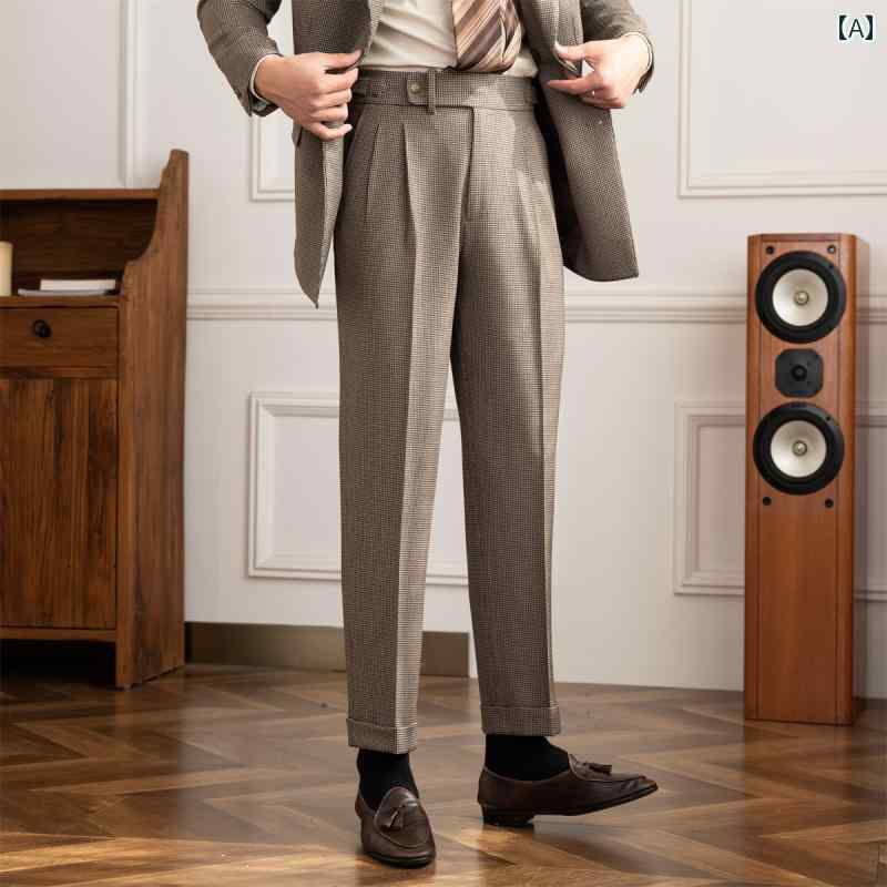 Slacks - メンズ 紳士 メンズ パンツ ボトムス ズボン タックパンツ カジュアル レトロ シンプル おしゃれ ビジネス 通勤 結婚式 パーティー 千鳥格子 柄