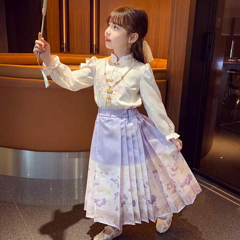키즈 패션 드레스 원피스 롱 스커트 긴팔 주름 귀여운 프린세스 차이나풍 한복 의류 아이 봄