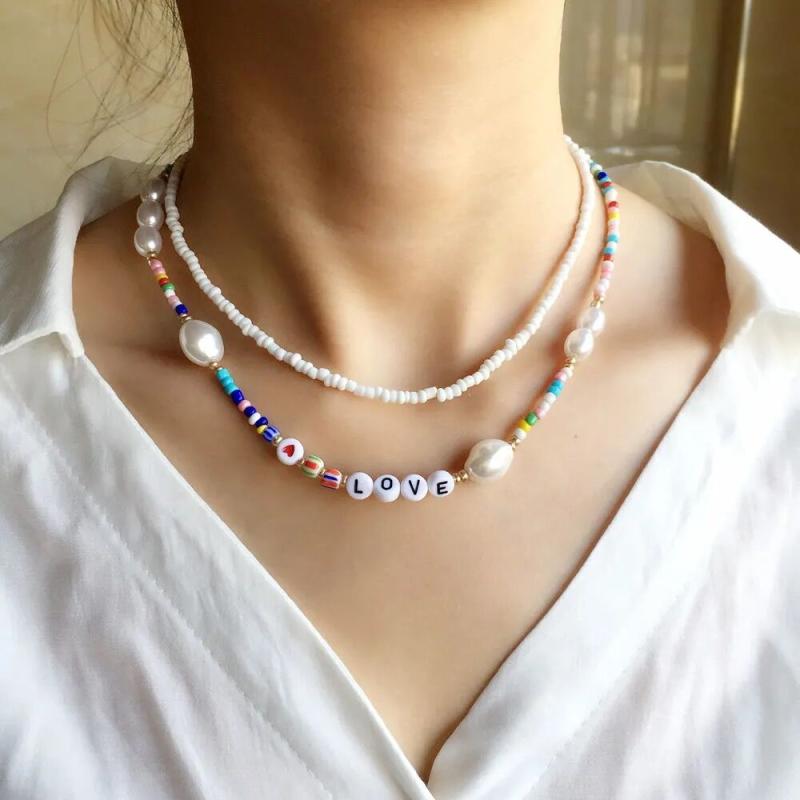 ネックレス 韓国 新 ライス ビーズ ネックレス 特殊状 パールネック チェーン ピーチ ハート ラブ レタ..