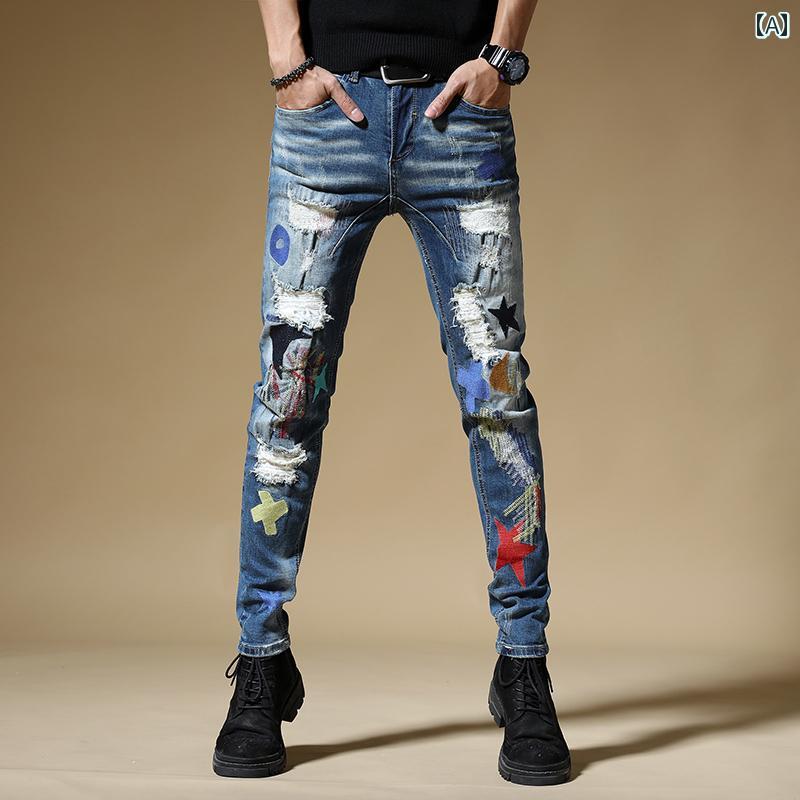 メンズ カジュアル パンツ デニム ボトムス ズボン 男性用 ジーンズ 春秋 ファッション スリム ストレート 刺繍 ロング アメリカ プリント
